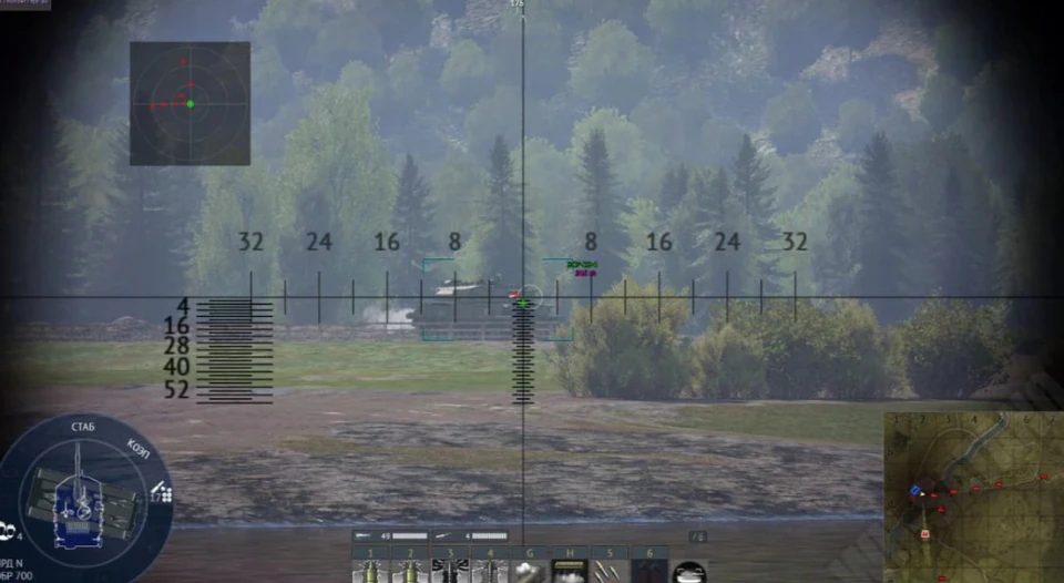 War Thunder aimbot lock on enemy tank with green crosshair, ESP box, and crew distance readout in gunner sight