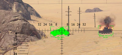 War Thunder desert tank wallhack with bright green enemy silhouette, bounding box, and distance readout through gunner optics