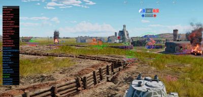 War Thunder third-person tank cheat overlay with player list, green ESP boxes across the map, and large green aimbot reticle
