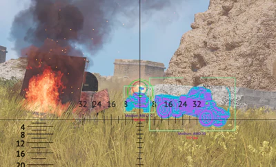 War Thunder chams ESP cheat highlighting enemy tanks in bright green through hills with bounding boxes and distance labels