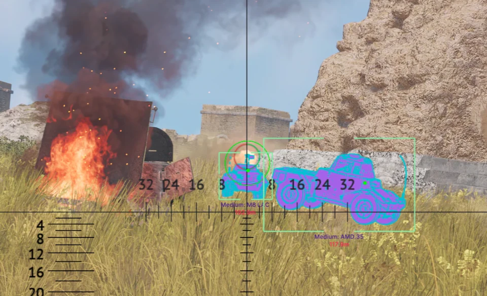 War Thunder chams ESP cheat highlighting enemy tanks in bright green through hills with bounding boxes and distance labels